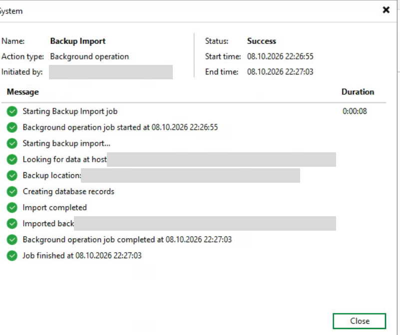 Veeam meldet den Import der geretteten Sicherungskette mit Status Success; Servernamen und Pfade sind geschwärzt