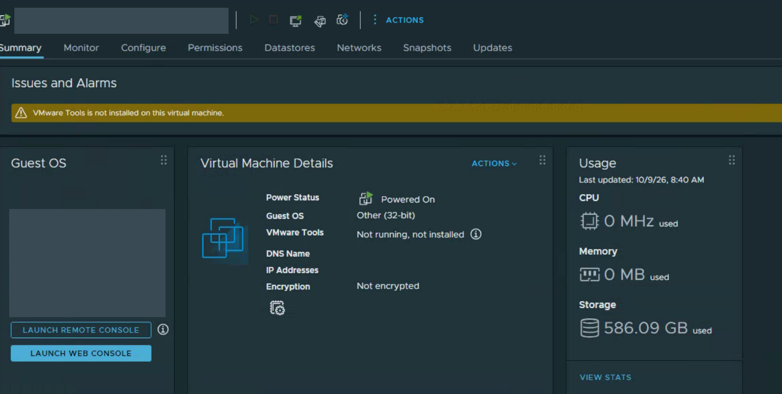 Der gerettete Server läuft wieder: Powered On, 586 GB belegt; VM-Name und Konsolenvorschau geschwärzt