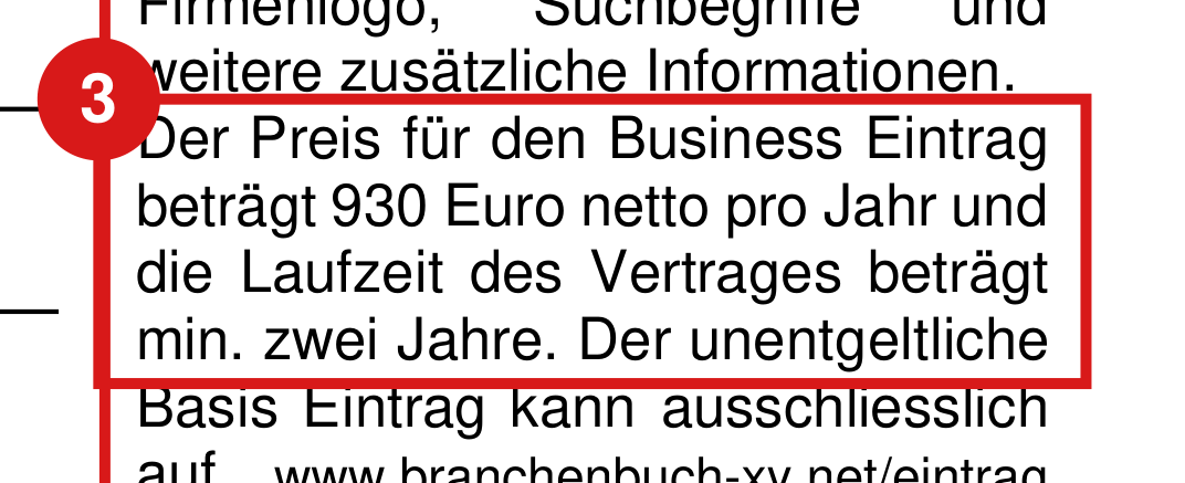 Ausschnitt aus dem Randtext: zwischen der Beschreibung des Leistungsumfangs und dem Hinweis auf einen kostenlosen Basiseintrag steht der Jahrespreis von 930 Euro netto und die Mindestlaufzeit von zwei Jahren.