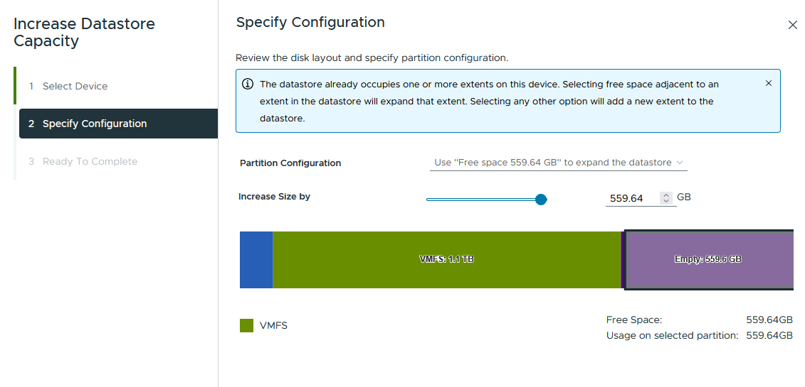 vSphere-Assistent „Increase Datastore Capacity“: Partitionskonfiguration „Use Free space 559.64 GB to expand the datastore“, daneben die Balken VMFS 1,1 TB und Empty 559,6 GB