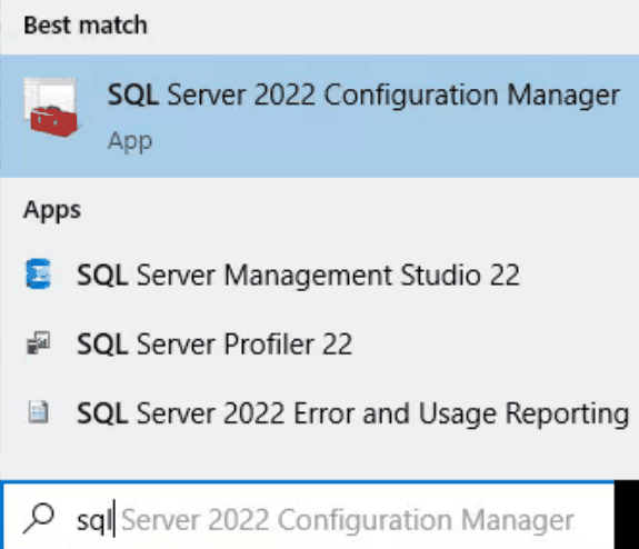 Windows-Startmenü mit der Suche nach sql, oberster Treffer SQL Server 2022 Configuration Manager