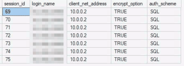 Ergebnis der Abfrage auf sys.dm_exec_connections: sieben Sitzungen des VSPC-Dienstkontos von 10.0.0.2, alle mit encrypt_option TRUE und auth_scheme SQL, Kontoname unkenntlich gemacht