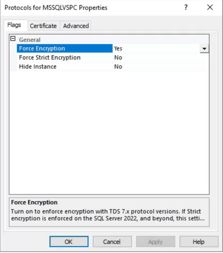 Eigenschaften der Protokolle der VSPC-Instanz, Reiter Flags, Force Encryption steht auf Yes, Force Strict Encryption und Hide Instance auf No