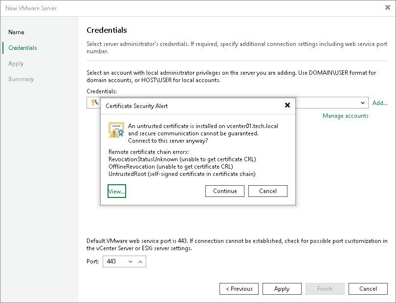 Veeam-Dialog „Certificate Security Alert“: Auf dem vCenter ist ein nicht vertrauenswürdiges Zertifikat installiert, mit den Schaltflächen View, Continue und Cancel